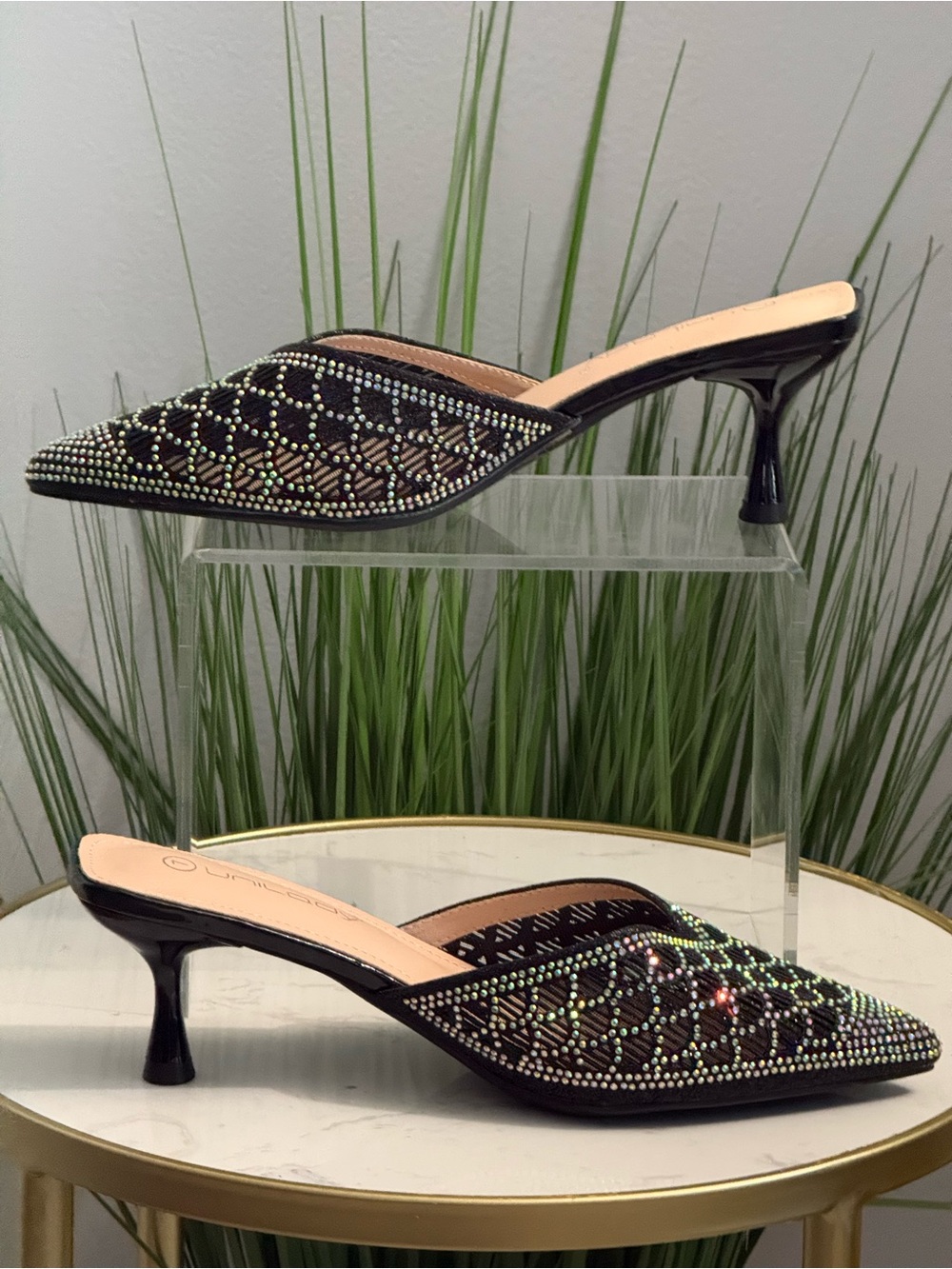 Crystal-Embellished Black Pointed Mule Heels